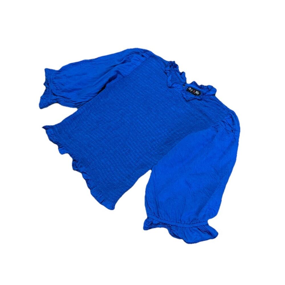 Iky & Me Smocked Top Womens Size XS Stretchy Puffy 3/4 Sleeve Shirt Blue Ruffles